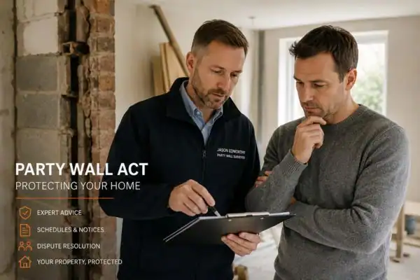 Party wall surveyor Thorne discussing extension plans with homeowner outside a UK semi-detached house.